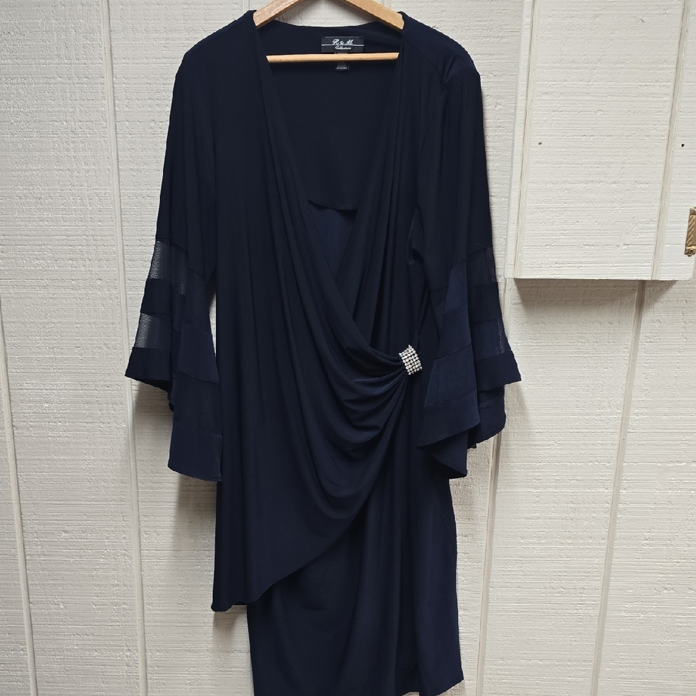 R&M Richards Navy Long Sleeve Dress with Rhinestone Accent